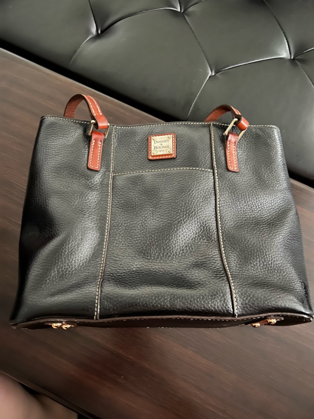 Dooney & Bourke Black Leather Tote with Brown Handles